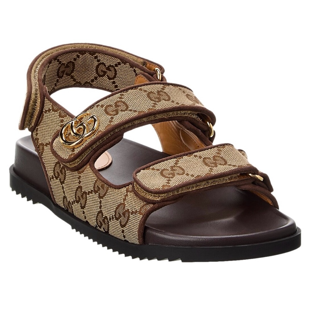 Gucci Tan and Brown Monogram Strap Sandals